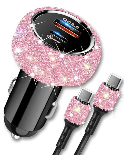 Bling USB C Car Charger, 48W PD QC Dual Port Fast Adapter with 3.2FT USB Type-C Charging Cable Compatible with iPhone 16 15 Pro Max iPad Samsung Galaxy Android(Pink)