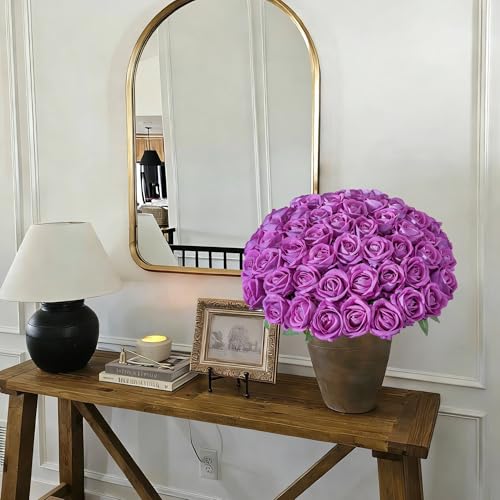 Image of 50 PCS Roses Artificial Flowers, Fake Roses with Stem Realistic Fuchsia Silk Roses for DIY Wedding Bouquets Table Centerpieces Arrangements Baby Shower Birthday Home Decor Valentine's Day Gift for Her