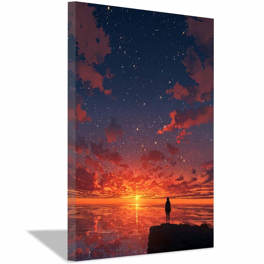 PUQAAEO Canvas Wall Art For Living Room Modern Wall Starry Ocean Cliff Sunset Decorations For Bedroom Landscape Wall Painting Office Pictures Home Decor(Multicolor)-60x90cm Framed