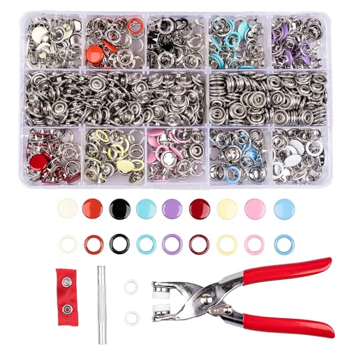 200 Sets Snap Button Kit, 9.5mm 10 Colors Snaps for Clothing, Snap Fastener Tool with Perfect for DIY Sewing Supplies(100 Hollow and 100 Solid)