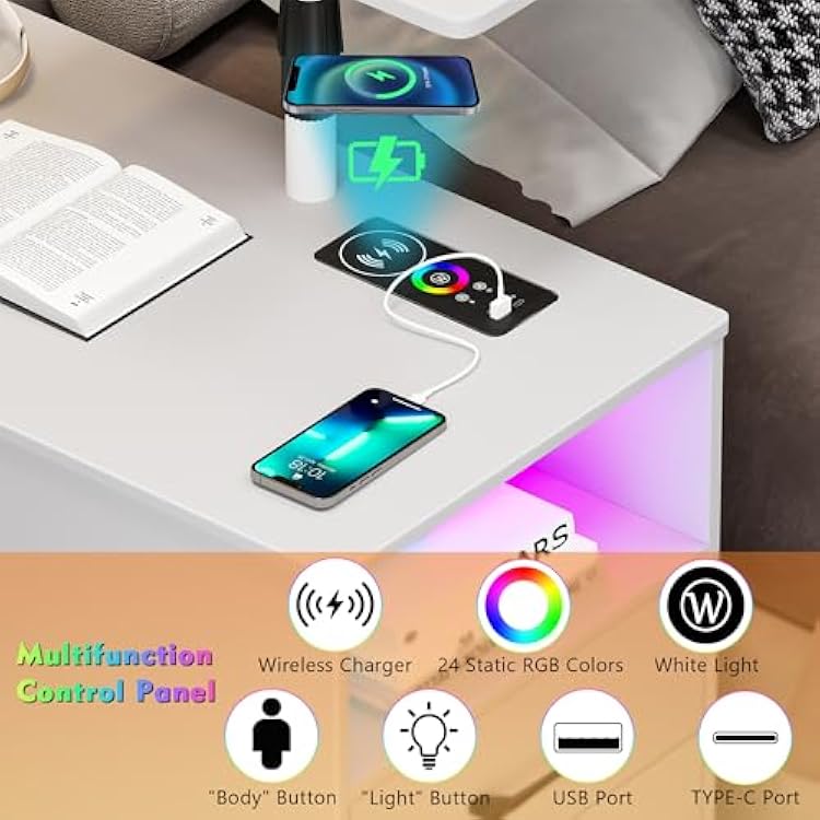 Gurexl 360 LED Nightstand with Wireless Charging Station for Bedroom, Movable Adjustable Bedside Table with Laptop Tray, Auto Sensor End Table with 24 Color Dimmable -White