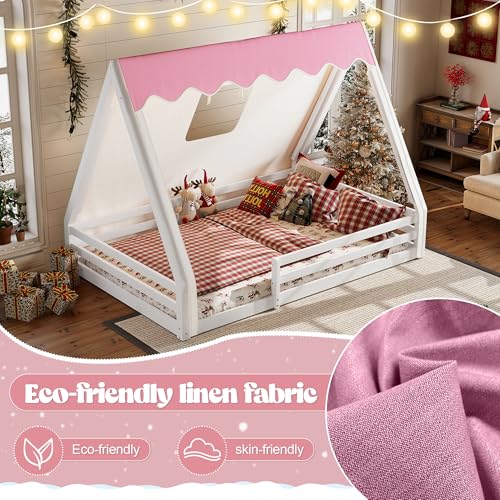 Image of CZBZ Full Size House Floor Bed with Canopy Tent and LED Lights, Wood Teepee Montessori Floor Beds Frame with Guardrails for Kids, Playhouse Design for Safe Sleep & Imaginative Play