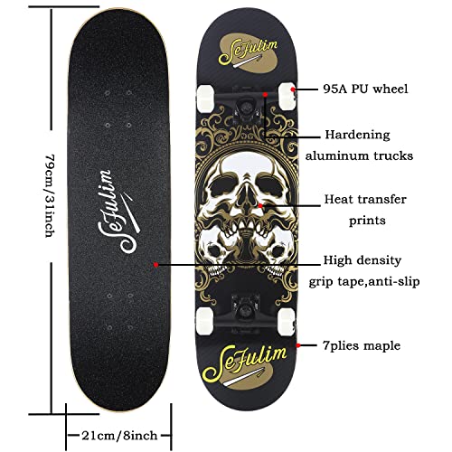 Image of 31 x 8 Inch Complete Skateboard 7 Layer Canadian Maple Double Kick Deck Concave Cruiser Trick Skateboard for Boys Girls Teens Adults Beginner