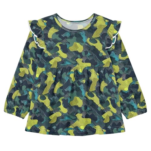 Blue Yellow Line Camouflage Girls Shirts Cotton Long Sleeve Ruffle Toddler Tee Tops