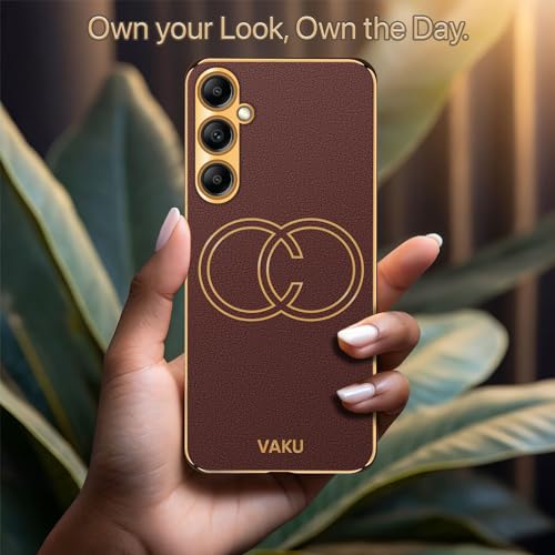 Image of Vaku Luxos Skylar Back Cover Case for Samsung Galaxy A14 5G with Leather Pattern Design Gold Electroplated Soft TPU Cover| Shockproof Protective Case - Brown