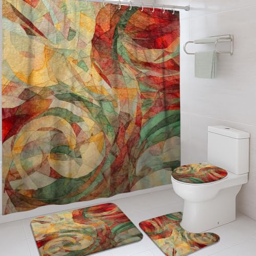 Rideau de douche polyester avec tapis de bain motif tourbillons rouge