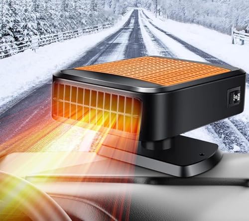 WEQNGIU Auto Heizung, 12V 200W Entfroster Schnellheizfunktion, Tragbarer Auto Heizlüfter, 2-in-1 Funktion Heizen und Kühlen der Windschutzscheibe mit 360° drehbarem Sockel