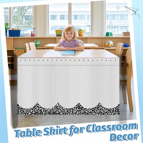 Image of 6FT Composition Notebook Table Skirt Spiral Notebook Teacher Desk Skirt for Classroom Decor Rectangle Table Cloth Black and White Desk Cover for Back to School Party Supplies Office Bookcase Cabinet