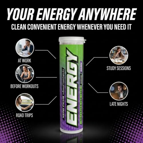 Image of Xero Picks Energy Caffeine Flavored Toothpicks B12 for Focus & B6, 60 Picks (Pack of 3) (Grape) Sugar-Free Alternative to Energy Mints & Gum - Kosher