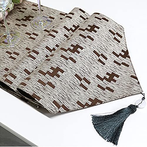 Chemin de table jacquard géométrique brun en coton polyester lourd - 3