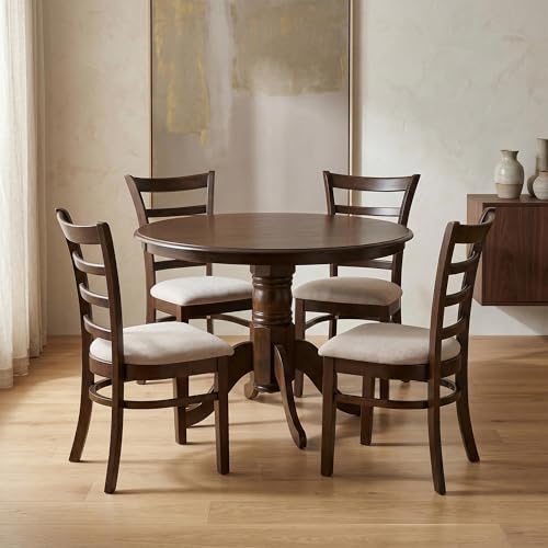 Image of Royaloak Penang Malaysian Wooden 4 Seater Dining Table Set with Chairs |Solid Mindy Wood Veneer Finish | Rubber Wood Pedestal Legs | Comfort Back Support | Cushioned Seating