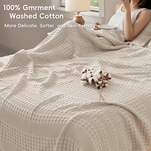 Image of PHF 100% Cotton Waffle Blanket Oversized King 120 inchx120 inch, Lightweight Breathable Extra Large 10'x10' Blankets for Bed, Giant Big Luxury Aesthetic Woven Bedding for Home Decor, Light Taupe /Oatmeal