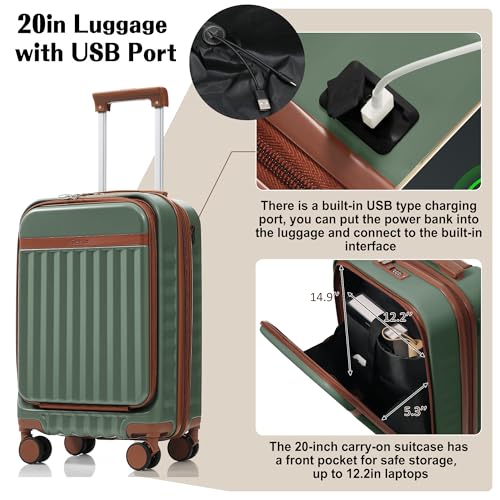 Image of Hardshell Luggage, Lightweight Suitcase with Spinner Wheels, GREEN+USB