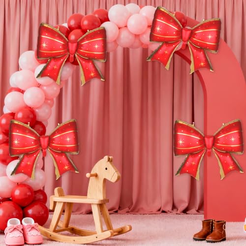 Image of 4Pcs Giant Bow Balloons, 97.5cm /38in Big Elegant Coquette Theme Balloons for Birthday Wedding Engagement & Party Large Decorations Bridal & Bachelorette Supplies (Star Dot Red)