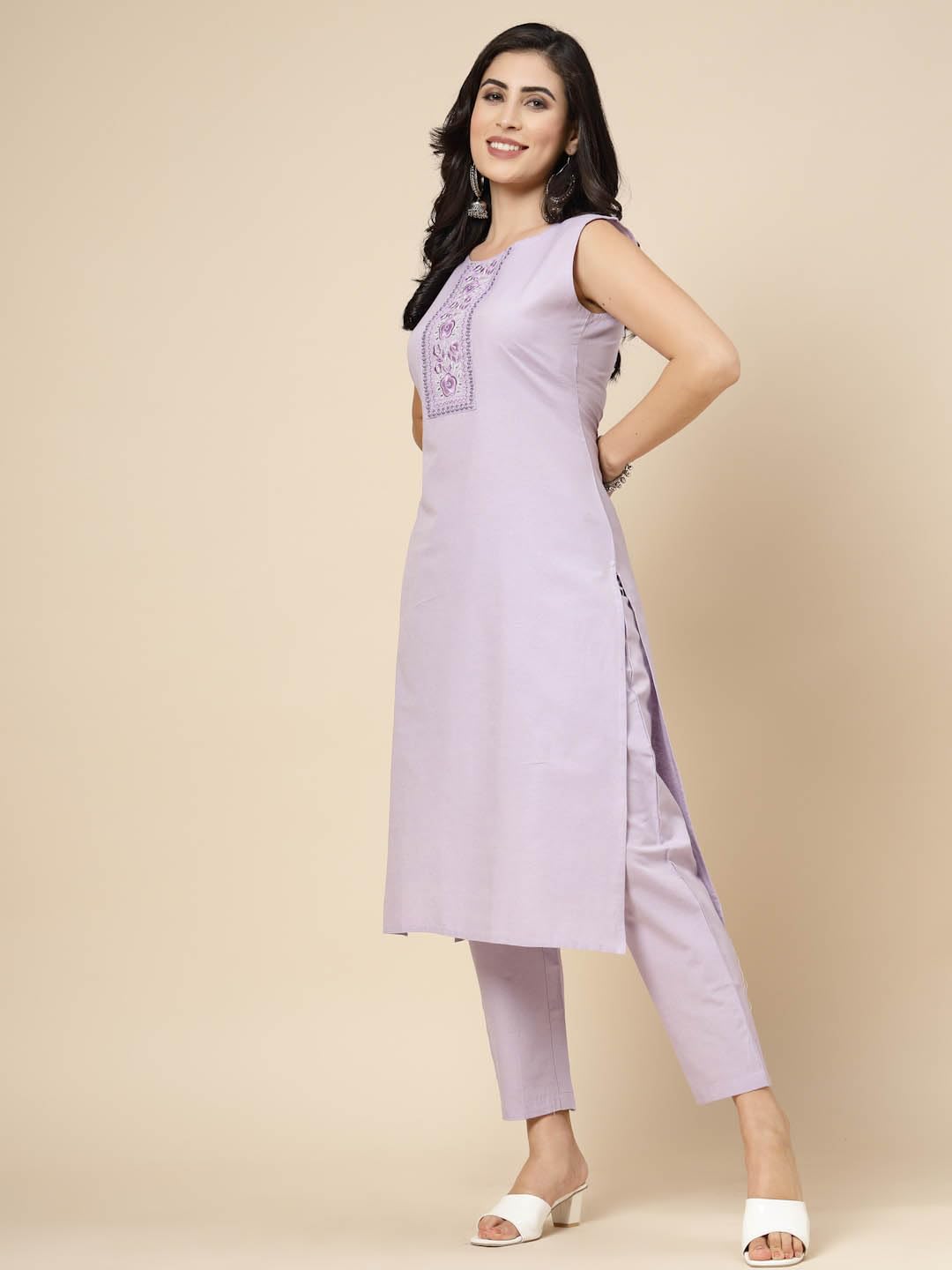 Stylum Women's Embroidered Cotton Blend Straight Kurta Pant Set (In, Alpha, Xs, Regular, Purple)