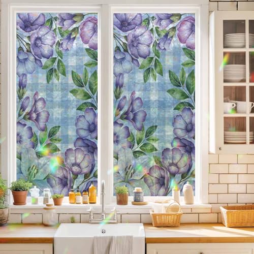Película decorativa para ventanas con flores púrpura y blanco 17.7x39.3 pulgadas miniatura 3