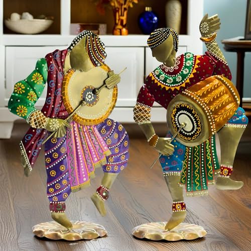 Image of KRAFTSKALA Handcrafted Chang Dancers Iron Metal Showpiece - Vibrant Rajasthani Folk Art Sculpture for Home Decor, 14 Inch