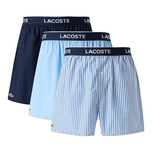Lacoste Men's 100% Cotton Boxers, 3-pack (Amazon Exclusives), Vaporous/Overview/Navy Blue, Large