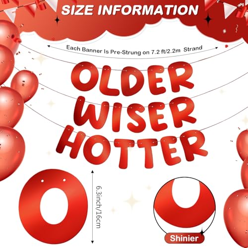 Image of Fulmoon Set of 3 Pre Strung Older Wiser Hotter Glitter Banner Funny Birthday Banner for Women 30th 40th 50th 60th 70th 80th Birthday Party Decorations Sign Gift(Bright Red)