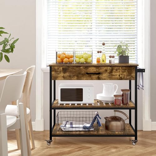Yaheetech Kitchen Island on Wheels with Storage Drawer, 3-Tier Rolling Kitchen Cart with Towel Rack & Lockable Wheels for Dining Room, 40 x 20 x 36 inches, Rustic Brown