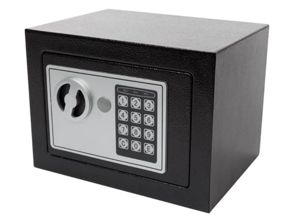 Perel Cassaforte elettronica con codice digitale e chiave di emergenza, cassaforte in acciaio compatta con rivestimento interno morbido, mini cassaforte per gioielli, documenti e contanti, 17x23x17 cm