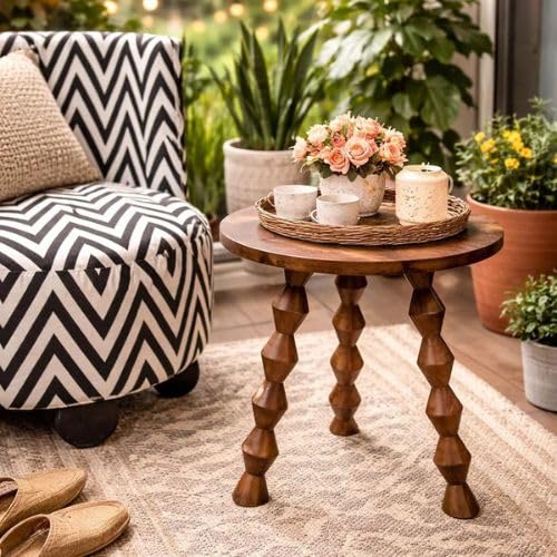 Image of Decor Corner Table Coffee Table Side Table with Floral Laaser Design, Round Solid Wood End Table Coffee Table Flower Stand Sofa Side for Living Room Balcony (Natural)