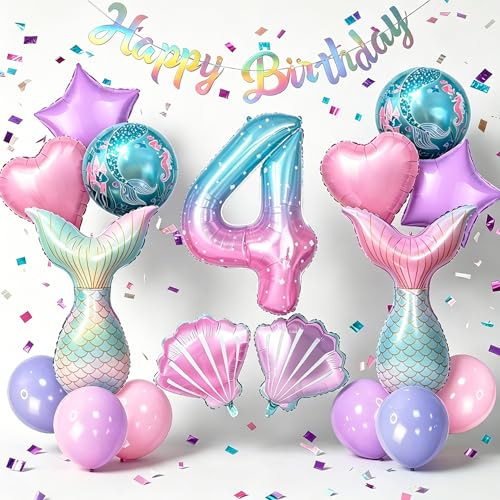 Mermaid Birthday Decorations for Girls Age 3-7 Purple Blue Pink Mermaid Theme Party Supplies with Large Shell Foil Balloons Banner Heart and Star Balloons for Kids Baby Shower (4th)