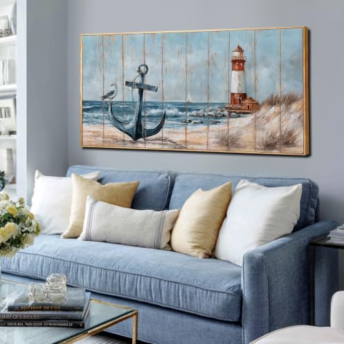 Image of VAYIMDH Lighthouse Canvas Prints Wall Art,Ocean Landscape Coastal Beach View Wall Decor,Modern Blue Artwork Bird Pictures for Home Office Bedroom Decor 24 inchx48 inch