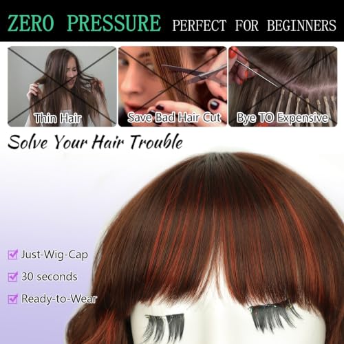 Image of AISI HAIR Wig with Bangs for Women Synthetic Heat Resistant Wigs (copper highlight dark auburn)