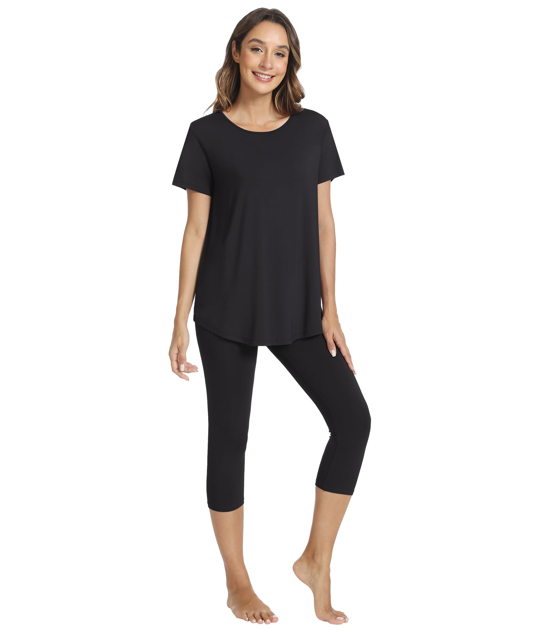 WiWi Women's Pajama Set Viscose from Bamboo Short Sleeve Tunic Top Capri Leggings Cooling Sleepwear Super Soft Pjs S-XXL