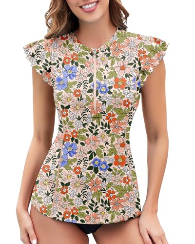 WOWENY Surf UV Shirt - Rashguard Bañadores Mujer Camiseta de baño con Mangas con Volantes y Cremallera de 1/4 Tankini Top Flores Coloridas M