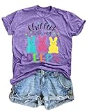 Happy Easter Shirt Women Chillin with My Peeps Tee Shirt Cute Rabbit Graphic T-Shirt Easter Gift Tee Tops Purple