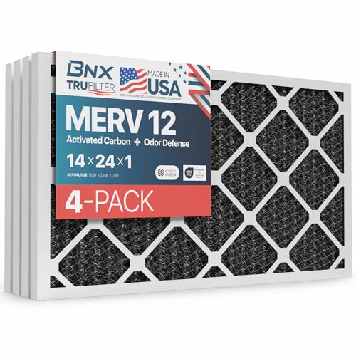 BNX TruFilter 14x24x1 MERV 12 Odor Defense (4-Pack) AC Furnace Air Filter with Activated Carbon - MADE IN USA - Pleated Air Conditioner HVAC AC Furnace Filters - Removes Odor, Mold, Bacteria, Smoke