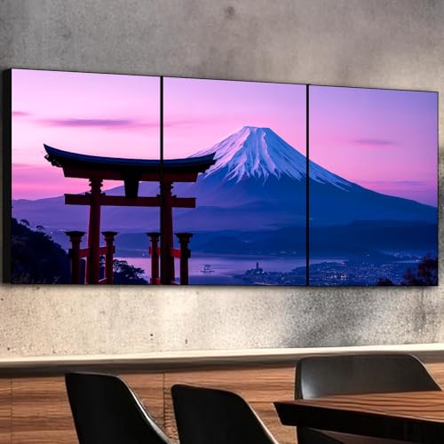 富士山風景画 北欧インテリア絵画。キャンバスに描かれた壁掛けアートプリントで、アルミニウム合金フレーム付き。耐久性のある頑丈なバックボードを使用しており、厚さ2.5cm、サイズ40x30cmの3枚セットです。 [2]