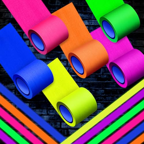 Image of Whaline 6 Colors Neon Gaffer Cloth Tape Fluorescent Rainbow Color UV Blacklight Glow in The Dark Tapes Neon Duct Reflective Tapes for Party Supplies (2 Inch x 16.5 Ft)