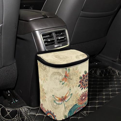 Image of Talayituse Vintage Boho Mandala Dragonfly Print Car Trash Bin, Large Size Auto Trash Can Adjustable Portable Garbage Can with Lid, Vehicle Hanging Bag for Headrest Front Back Seat
