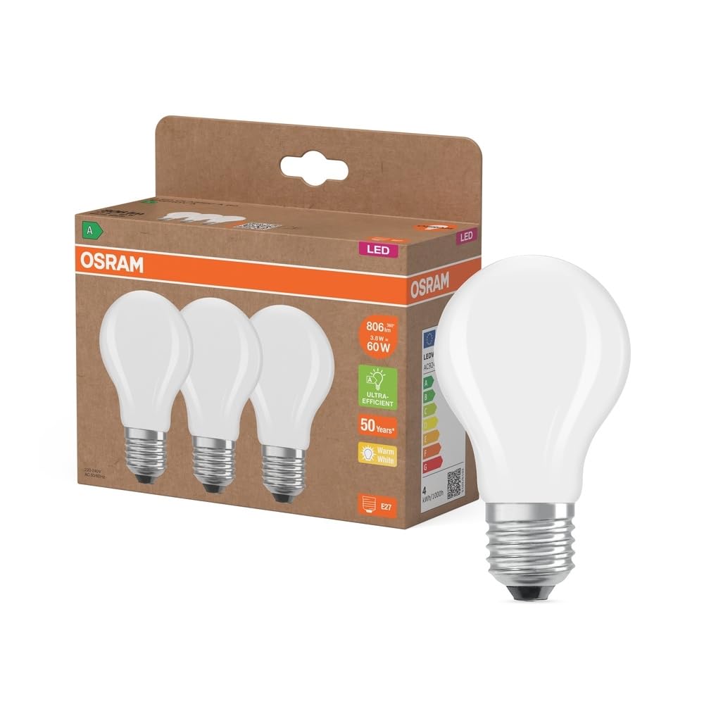 OSRAM Wysokowydajne lampy LED z klasą efektywności energetycznej A, zestaw 30 żarówek, zastępują tradycyjne żarówki 60W, kształt bańki, ciepła biel (2700K), E27, matowe szkło