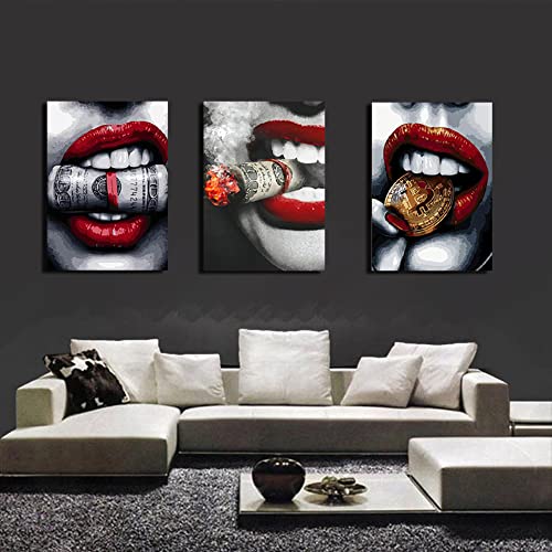 Serie de labios rojos: 【Lujo】-Núcleo de pintura en aerosol moderno a la moda, labios rojos sexys, estilo nórdico, decoración de habitación, pintura de pared, pintura de pared, juego de 3 (16 x 9