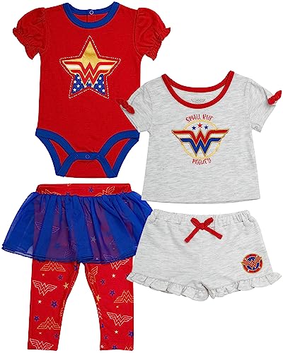 Wonder Woman Baby Girls 4 Piece Set - Short Sleeves T-Shirt with Applique Patch, Legging Pants with Tutu Skirt, Embroidered Onepiece Bodysuit, Drawstring Shorts (Red/Blue/Grey, 3 Months)