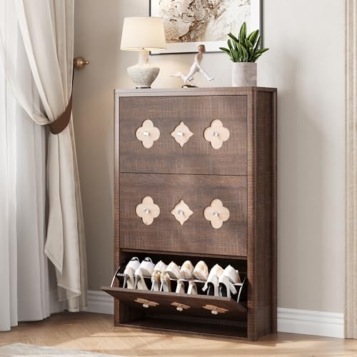 Image of GarveeHome Shoe Storage Cabinet with 3 Flip Drawers, Narrow Wood Shoe Organizer Cabinet with Floral Pattern, Freestanding Slim Shoe Rack Cabinet with Adjustable Shelves, for Entryway, Hallway, Brown | Floral Pattern, Shoe Cabinet for Entryway, Hallway, Living Room, Narrow Wooden Shoe Cabinet with Adjustable Shelves