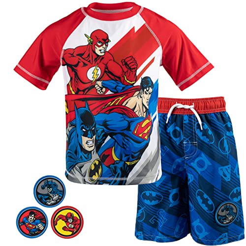 Dc Comics Justice League Batman Superman The Flash Toddler Boys Rash Guard Swim Trunks With Removable Patches White/Blue 2T #TOP15