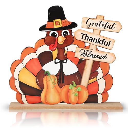 Sophena Thanksgiving Decorations Wooden Turkey Pumpkin Table Sign, 10.9 x 11 inches, Modern, Colorful, Tabletop, Wood