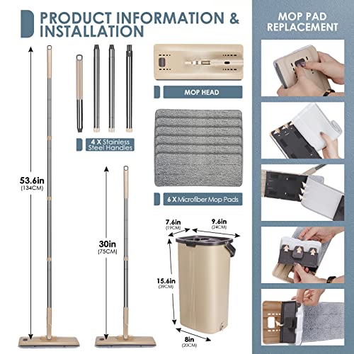 Ozd Flat Mop And Bucket With Wringer Set, Hands Free Flat Mops And Bucket System, Self Cleaning Microfiber Mop For Wet And Dry Use, Suitable For All Type Floor Cleaning, Included 6 Washable Pads #TOP6
