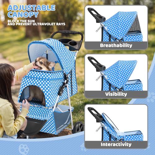 Image of Magshion 3-Wheel Pet Stroller, Foldable Travel Jogger for Small & Medium Dogs & Cats (Up to 33lbs), Lightweight Carrier with Breathable Mesh Cover, Cup Holder & Storage Basket, Sky Blue Polka Dots
