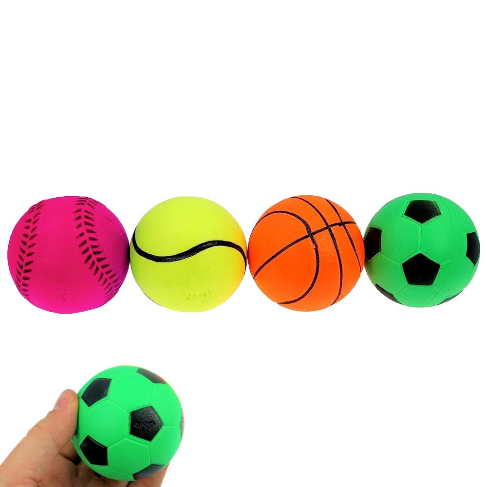 4 Rubber Bouncy Sponge Balls - 50mm / 2.2", Sport Designs, Mini Football, Basketball, Tennis and Softball, Great for Throwing and Catching Ball Games