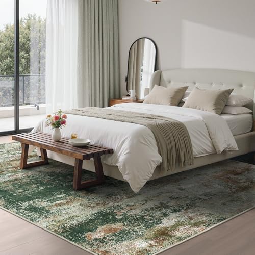 Image of BEIMO Area Rugs 8x10 for Living Room Bedroom, Modern Abstract Machine Washable Rug, Large Soft Low Pile Floor Carpet with Non Slip Backing for Dining Room, Green /Brown