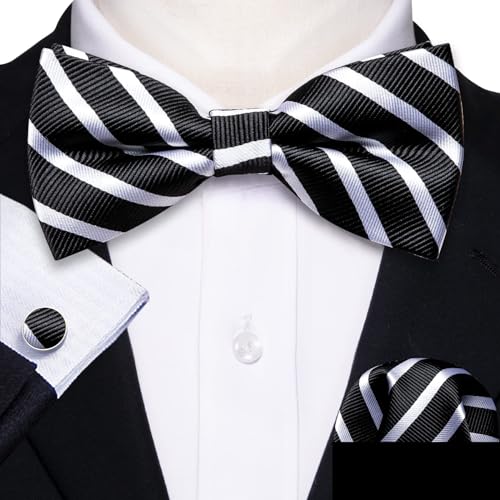 Image of YOHOWA Paisley Striped Men Bow Tie Pre-Tied Formal Adjustable Colorful Bowties Handkerchief Cufflinks Set Wedding Party