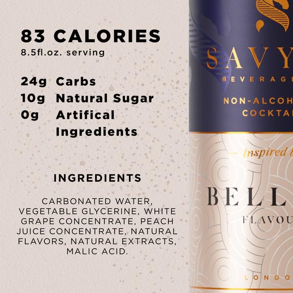 Savvy Non-Alcoholic Mocktail Bellini 4-Pack 3.4 fl oz (Pack of 6)