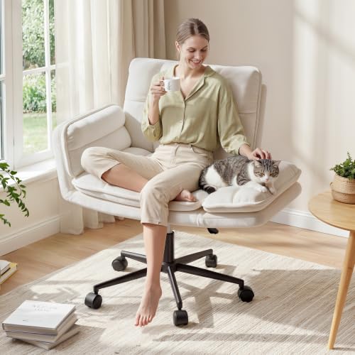 Image of DurayLoly Criss Cross Chair, Flip-Up Arms & Adjustable Height | Velvet, Thick Foam Seat,360 Swivel, Rolling Wheels, for Home Office, Bedroom, Makeup Room, Beige.