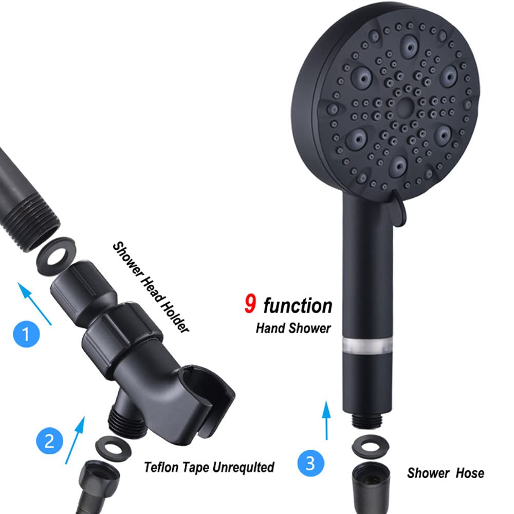 Set soffione doccia portatile a 9 funzioni, soffione doccia ad alta pressione Set soffione doccia portatile ad alto flusso, soffione doccia con filtro, con tubo da 59 pollici, staffa, nero opa